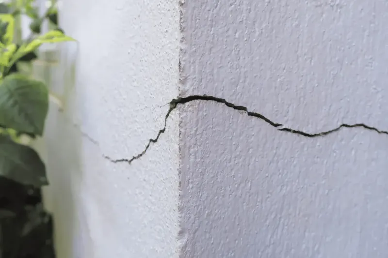 Foundation stress cracks caused by soil erosion.