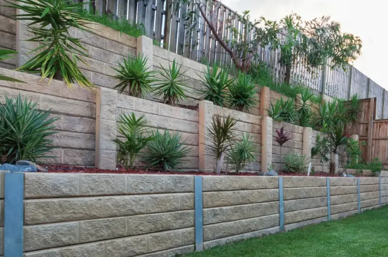 landscape retaining wall using wall anchor systems.